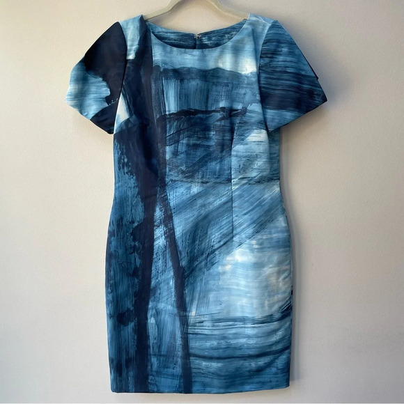 Carolina Herrera Blue Brush Stroke Abstract Sheath Dress MSRP $2,290 Size 8 - Picture 2 of 10